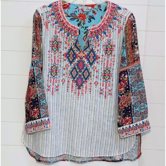 John Mark Embroidered Linen Blend Henley Mixed Media Tunic Top Size Medium Boho - Picture 2 of 11